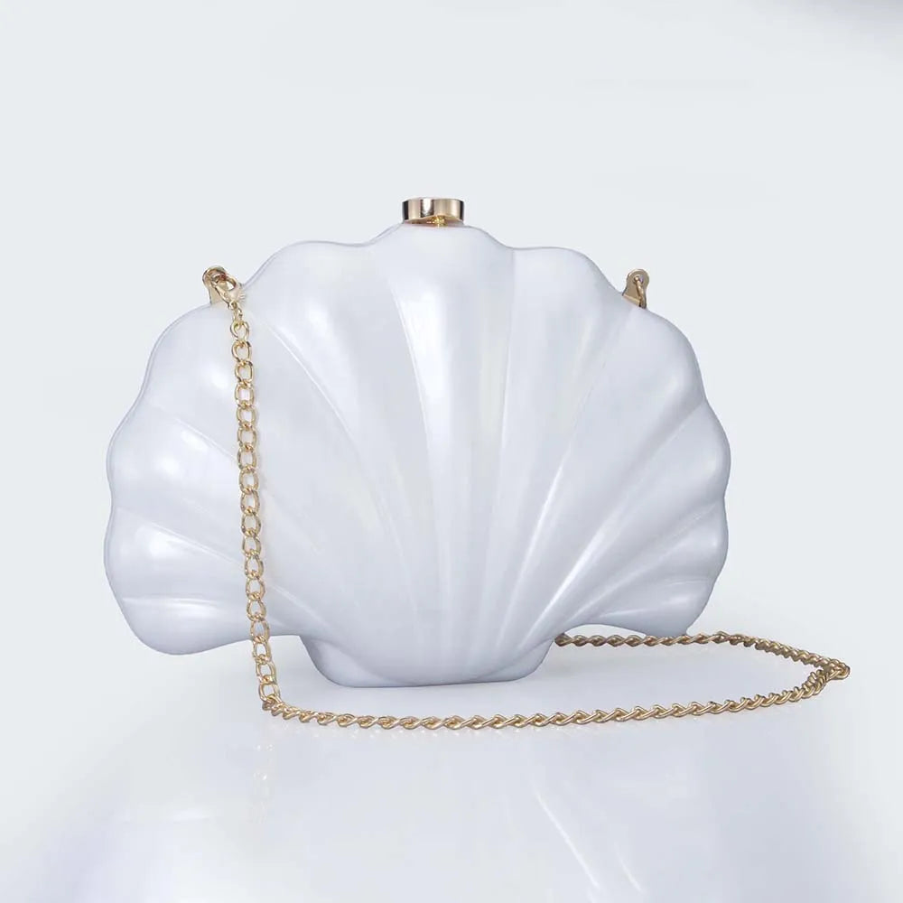 Hard Acrylic Shell Box Clutch | Luxury Stones & Chain Wedding Bridal Handbag Luxegan