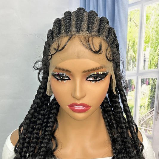 36" Cornrow Braids Wig with Curly Ends | Transparent Full Lace | Baby Hair Luxegan