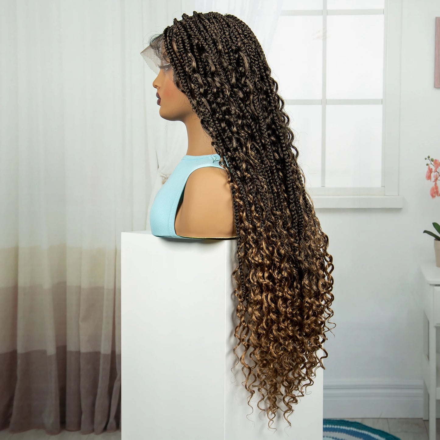 Ombre Knotless Braids Wig | Curly Ends | Full Lace | Baby Hair | Handmade Luxegan