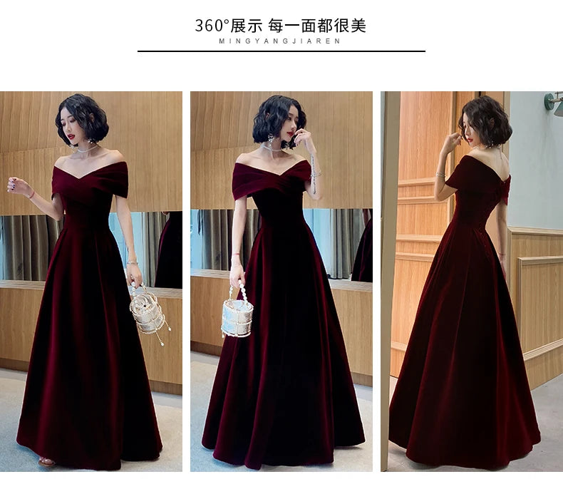 Lautaro Spring Long Luxury Elegant Wine Red Soft Velvet Evening Party Wedding Dresses for Women 2022 Off Shoulder Maxi Dress