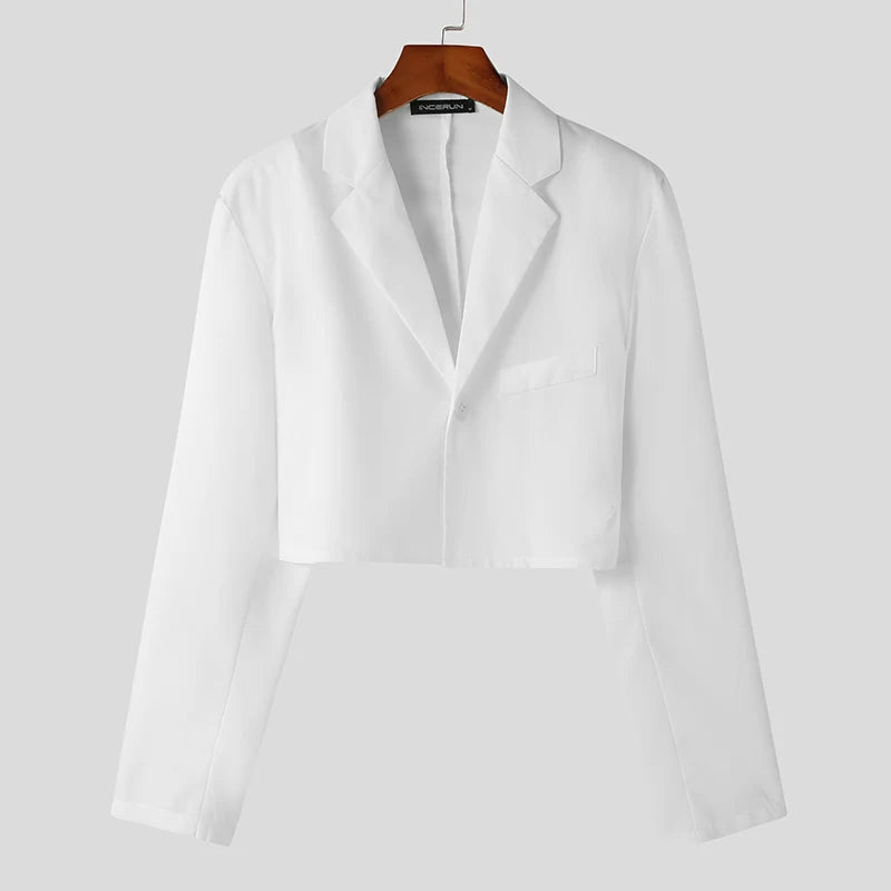 Men's Solid Color Lapel Crop Blazer | Sophisticated "Streetwear" Short Silhouette | Elegant One-Button Autumn Suit | "Dignified" Full Sleeve Fashion Coat for Radiant Versatile Styling Luxegan