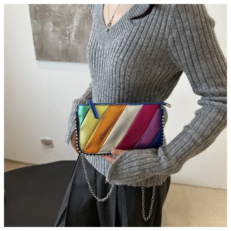 Fashion Trend Contrast Rainbow Splice Shoulder Bag | Designer Rivet Crossbody Handbag | Colorful Twill Chain Flap Bag Luxegan