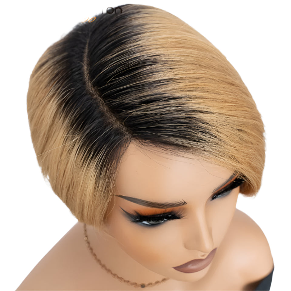 Natural Honey Color Pixie Bob Wig | Straight Human Hair with Bangs & Part Lace Luxegan