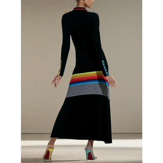 Contrast Color Striped Maxi Dress | Sophisticated Lapel Turn-Down Collar Silhouette | Elegant "Ankle-Length" Slim Party Gown | "Dignified" Buttoned High Street Dress for Radiant Versatile Styling Luxegan