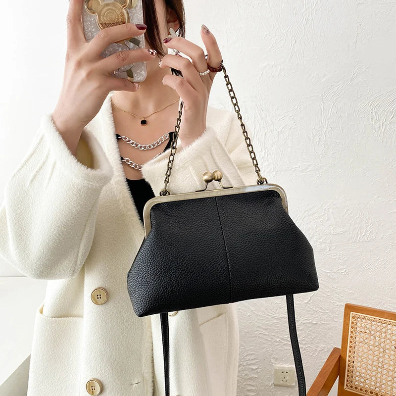 Vintage PU Shell Bag | Lychee Pattern Clip Chain Shoulder & Crossbody Luxegan