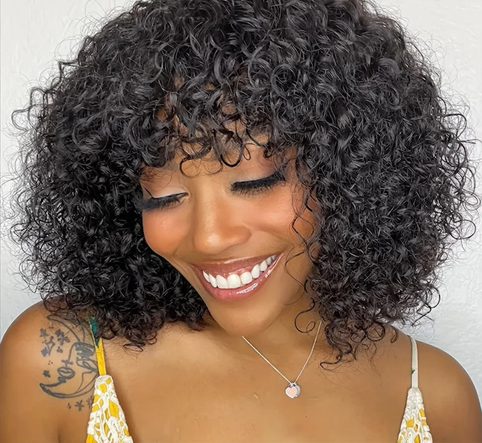 Short Pixie Bob Cut Human Hair Wig with Bangs | Jerry Curly Highlight Water Wave Blonde Colored Wig for Women (Easy Wear) Luxegan