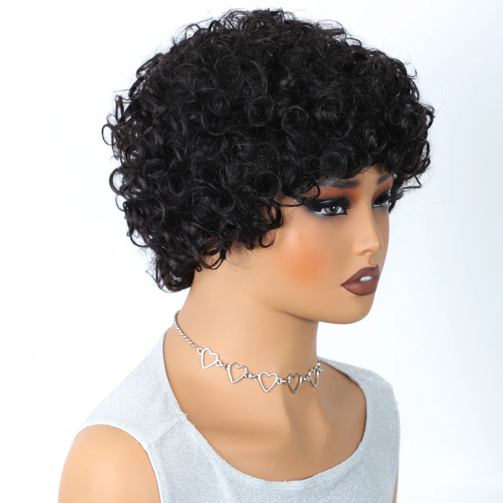 Sleek Short Pixie Afro Kinky Curly Human Hair Wig | Glueless Natural Brown 99J Bob with Bangs Luxegan