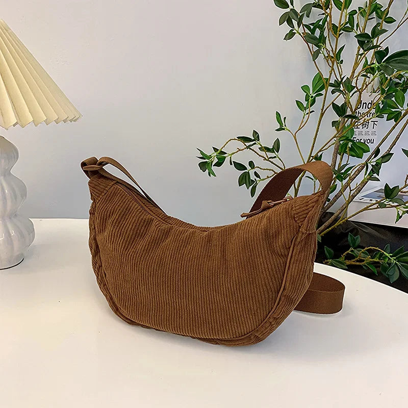 Solid Color Corduroy Women's Hobos Shoulder Bag | Retro Casual Female Crossbody Bags | Ladies Daily Travel Handbags Messenger Bag Luxegan