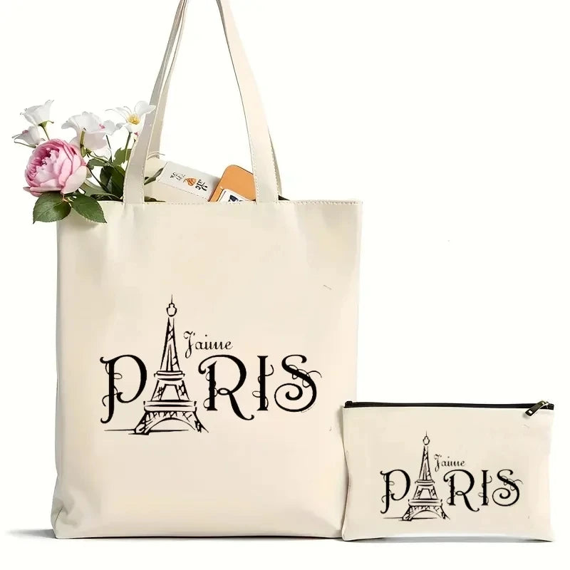 2Pcs Eiffel Tower Printed Canvas Tote Bag Set | Unisex Large Capacity Shoulder Shopping Bag & Cosmetic Pouch | Eco-friendly Reusable Travel Shopper Luxegan