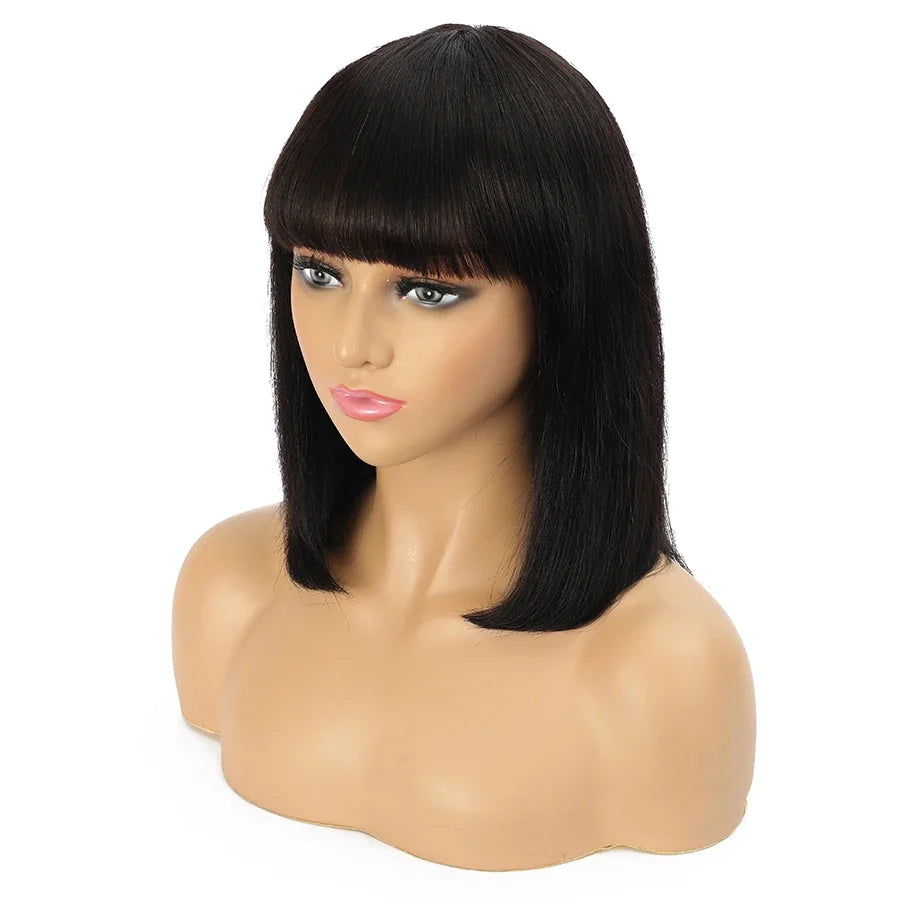 Peruvian Straight Bob Wig with Bangs | Full Machine Made Human Hair Wig | Natural Color