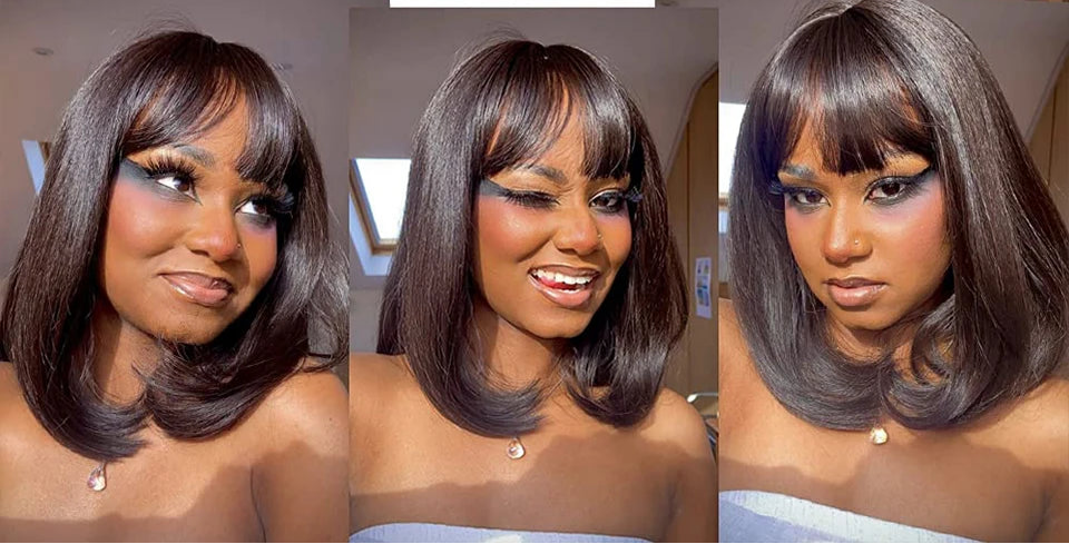 Short Straight Bob Human Hair Wig with Bangs | Full Machine Made Remy Hair | Natural Color Luxegan