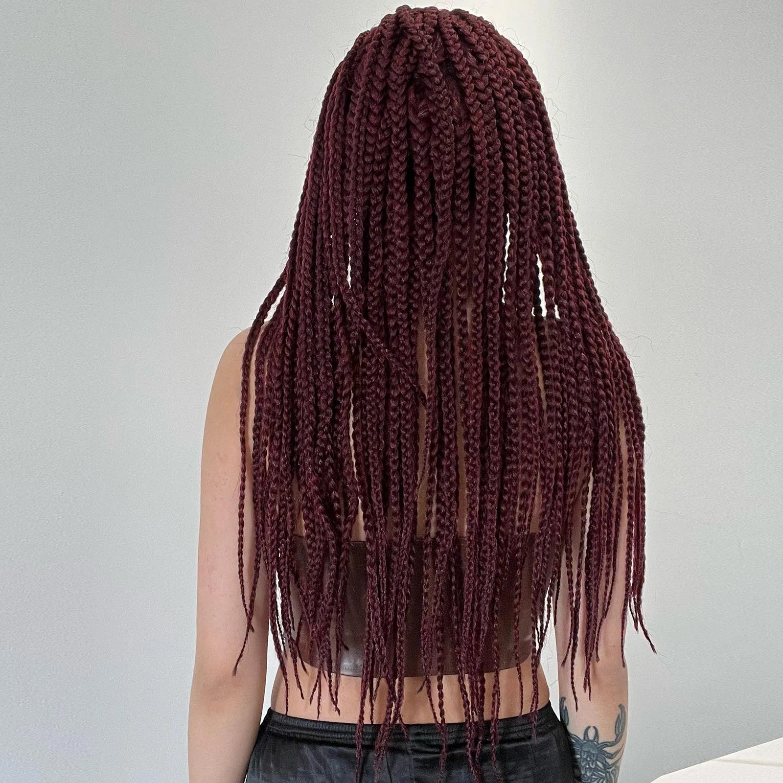 Wine Red 28" Long Braided Lace Front Wig | Synthetic Dreadlocks | Knotless Cornrow Twist | For Women