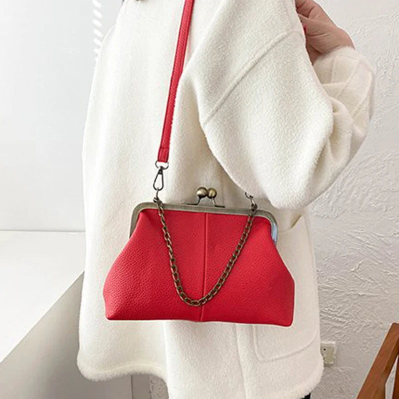 Vintage PU Shell Bag | Lychee Pattern Clip Chain Shoulder & Crossbody Luxegan