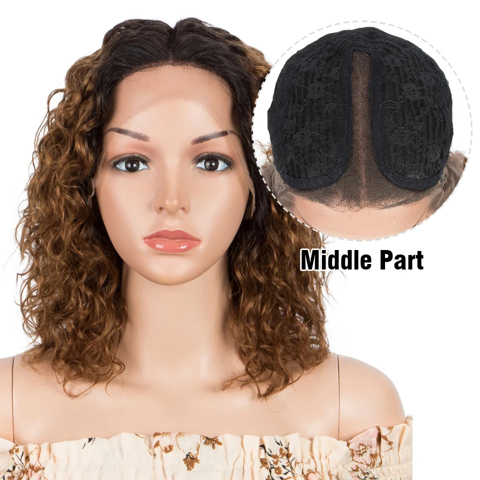 Sleek Curly Human Hair Wig | Brown Highlights | 13x1 T Part Lace Wig | Brazilian Remy Hair | Water Wave