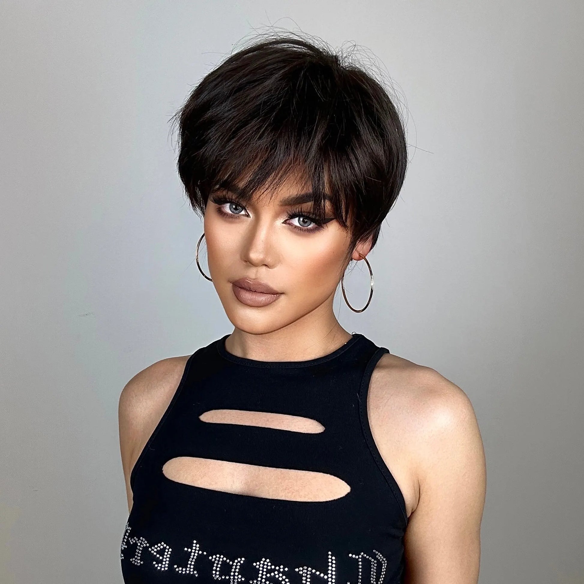 Natural Black Pixie Cut Wig with Fluffy Bangs | Short Layered Heat-Resistant Synthetic Hair for Daily Wear Luxegan
