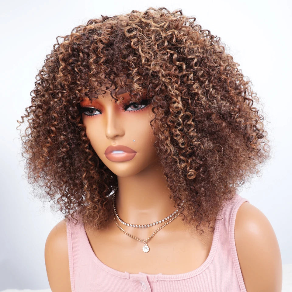 250% Density Blonde Highlight Sassy Curly Wig with Bangs | Glueless Brazilian Afro Kinky Remy Human Hair Luxegan