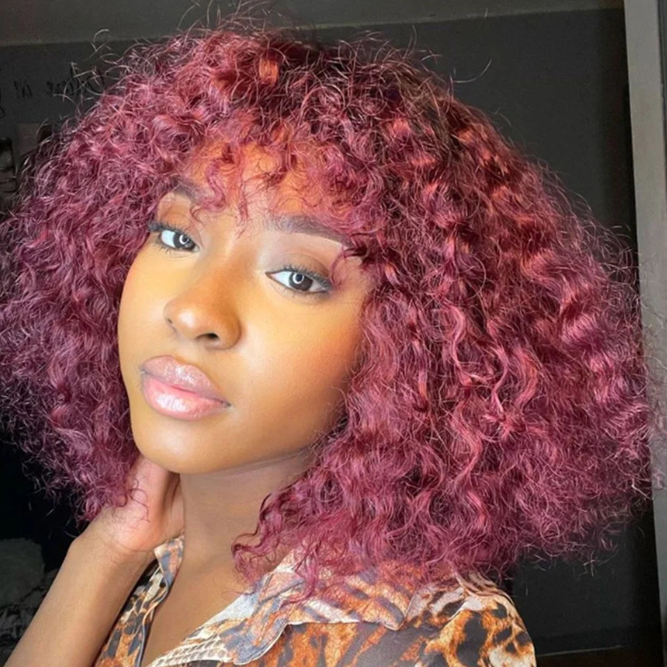 Brazilian Jerry Curly Human Hair Bob Wig with Bangs | Natural Highlight Honey Water Wave Kinky Curly Wigs for Women Luxegan