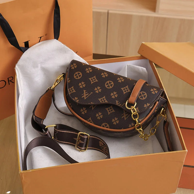 Designer Luxury Saddle Shoulder Bag | Sophisticated Letter-Patterned Clutch | Elegant Japanese & Korean Inspired Travel Tote | "Dignified" Hard-Shell PU Purse with Flap-Pocket Utility Luxegan