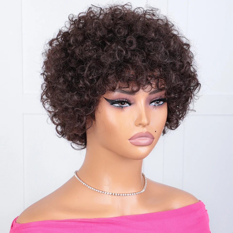 Sleek Short Pixie Afro Kinky Curly Wig with Bangs | Glueless Peruvian Remy Hair Bob Luxegan
