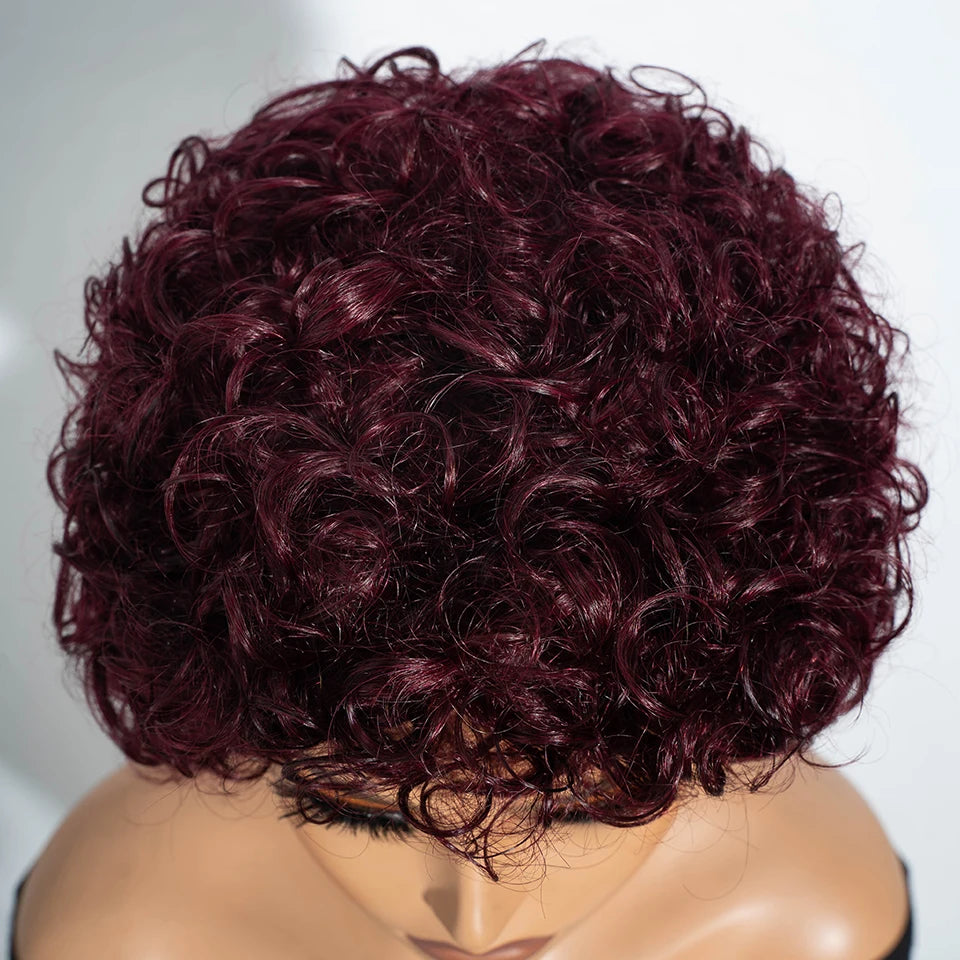 Brazilian Short Pixie Bob Afro Kinky Curly Wig with Bangs | Full Machine Made Human Hair (Natural Brown & 99J) Luxegan