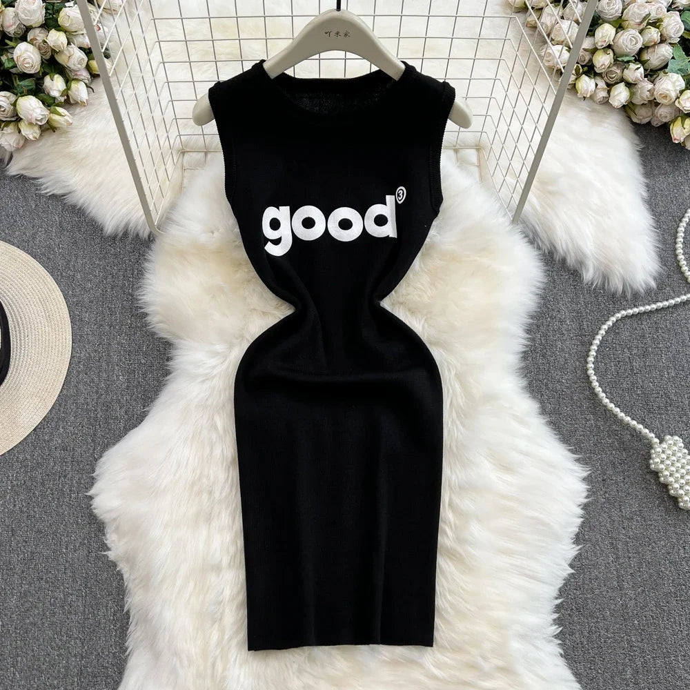 Women's Y2K Letter-Printed Knitted Mini Dress | Sexy Sleeveless Tank Bodycon Summer Dress | High Stretch Slim Fit Sheath Vestido | Office Lady Premium Empire Waist Knitwear Luxegan