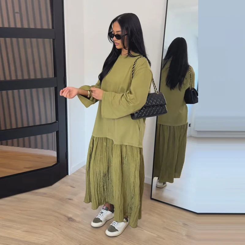 Solid O-Neck Full-Length Flare Sleeve Loose Fit Floor-Length Dress – Natural Waist, All Season | Multi-Style Luxegan