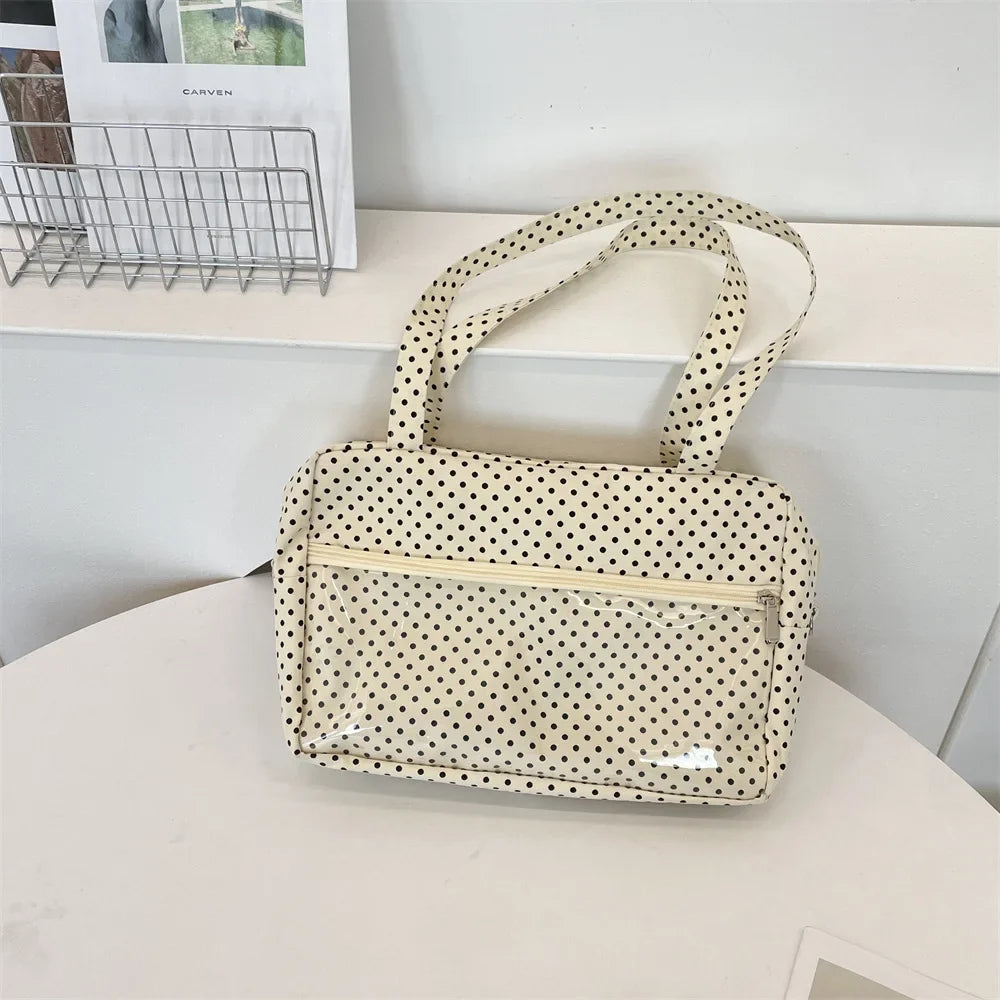 Y2K Ulzzang Ita Bag for Women | Trendy Polka Dot Canvas Shoulder & Underarm Tote (Transparent Pocket, Youth Fashion) Luxegan