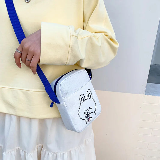 Cute Bear & Rabbit Print Crossbody Bag | Sophisticated Mini Canvas-Feel Square Purse | Elegant Cartoon Handbag for Women & Girls | Trendy Box-Shaped Shoulder Phone Bag with "Dignified" Soft Finish Luxegan
