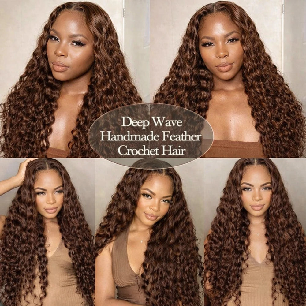 Brown Burmese Water Wave Braiding Hair | Sophisticated Knotless Pre-Separated Deep Curly Extensions | Elegant "100% Raw Virgin" Silhouette | "Dignified" Invisible Feather Crochet Human Hair for Radiant Versatile Styling Luxegan