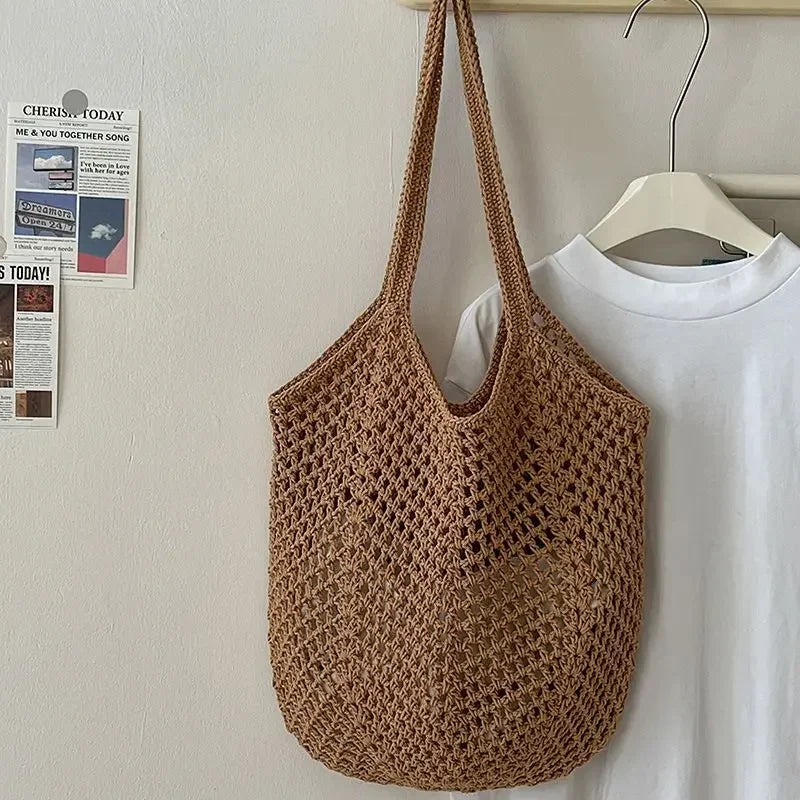Large Capacity Cotton & Straw Woven Shoulder Bag | Ladies Handmade Wicker Style Beach Tote | Casual Messenger Handbag for Women | Versatile Summer Travel Shopper Luxegan