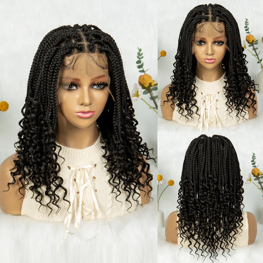 KIMA Short Box Braids Wig | Full Lace Top Cornrows & Curly Ends Luxegan