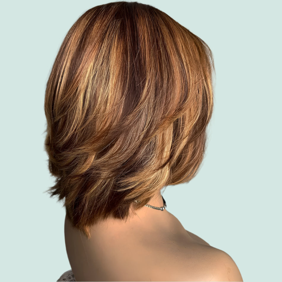 Honey Blonde Highlight Bob Wig with Bangs - Brazilian Remy Human Hair Scalp Top Wig