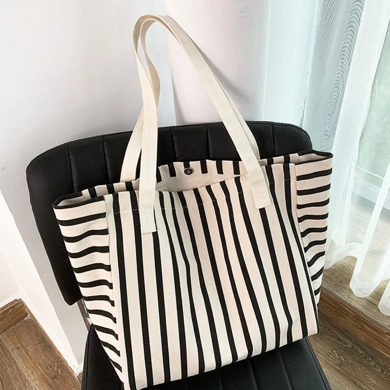 Fashionable Canvas Beach Tote | Large Capacity Striped Shoulder Bag Luxegan