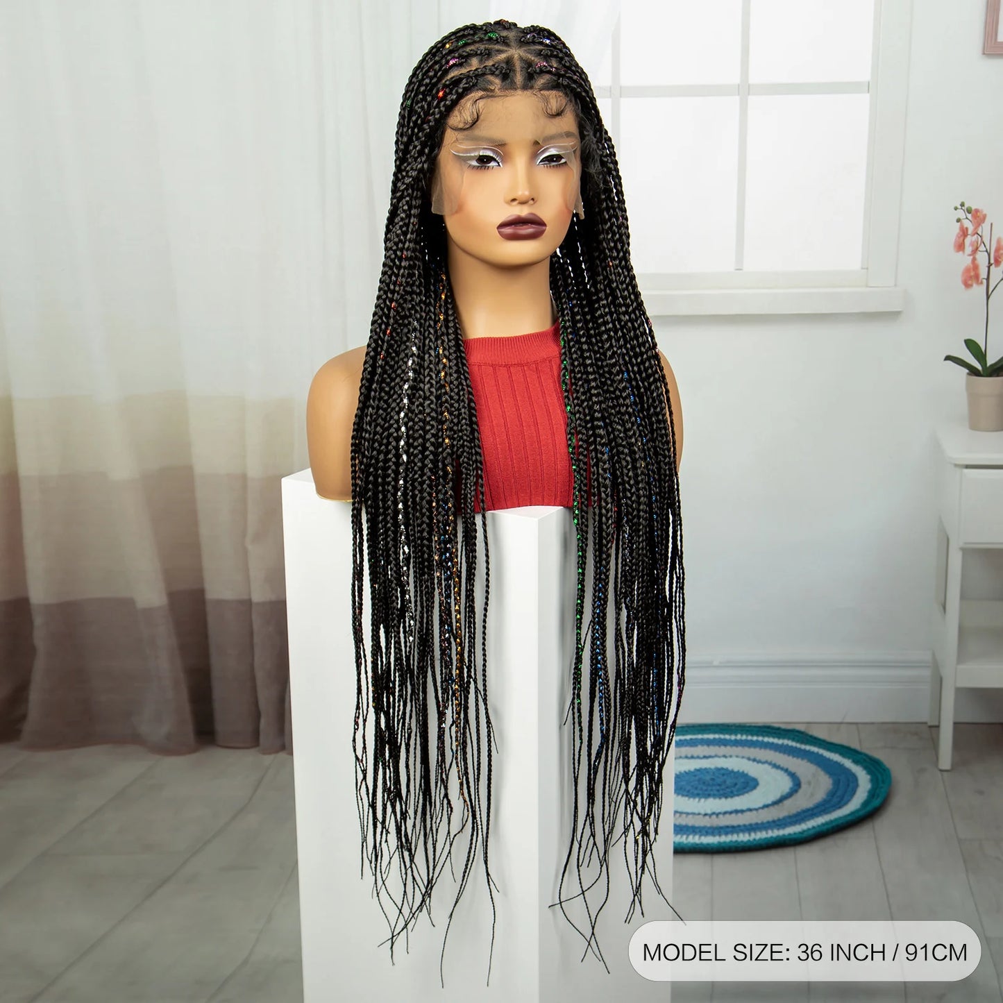 36" Knotless Box Braids Full Lace Wig | Colored Ribbons | Baby Hair | Long Synthetic Braids