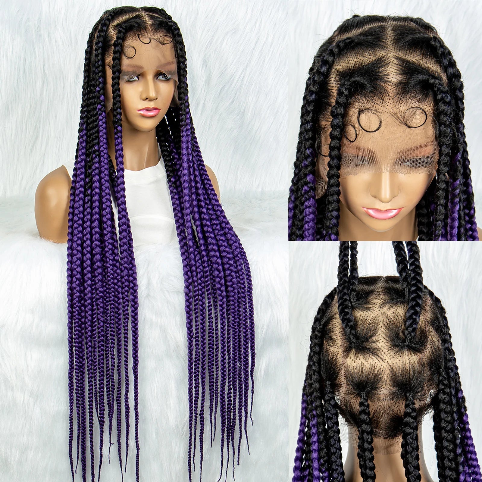 36" Purple Knotless Box Braids Wig | Transparent Full Lace | Baby Hair | Synthetic Luxegan