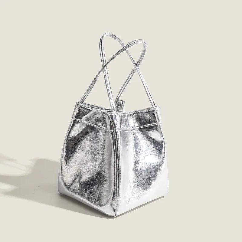 PU Leather Solid Bucket Bag | Soft Silver Fashionable Lunch Box Handbag Luxegan