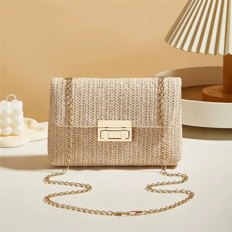 Handwoven Straw Shoulder Bag for Women | Fashion Solid Color Crossbody Purse with Lock Closure | Versatile Sequined Satchel with Rivet Accents | Lightweight Four-Season Straw Handbag Luxegan