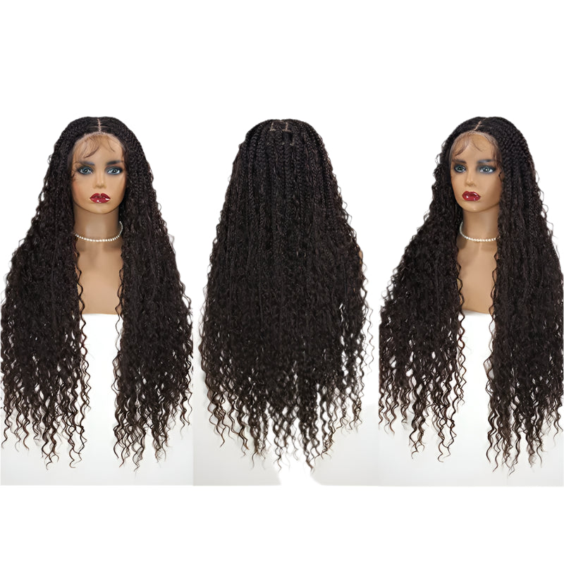 Burgundy Boho Box Braids Wig | Curly Goddess Locs | Full Lace Front | Synthetic Hair | Women