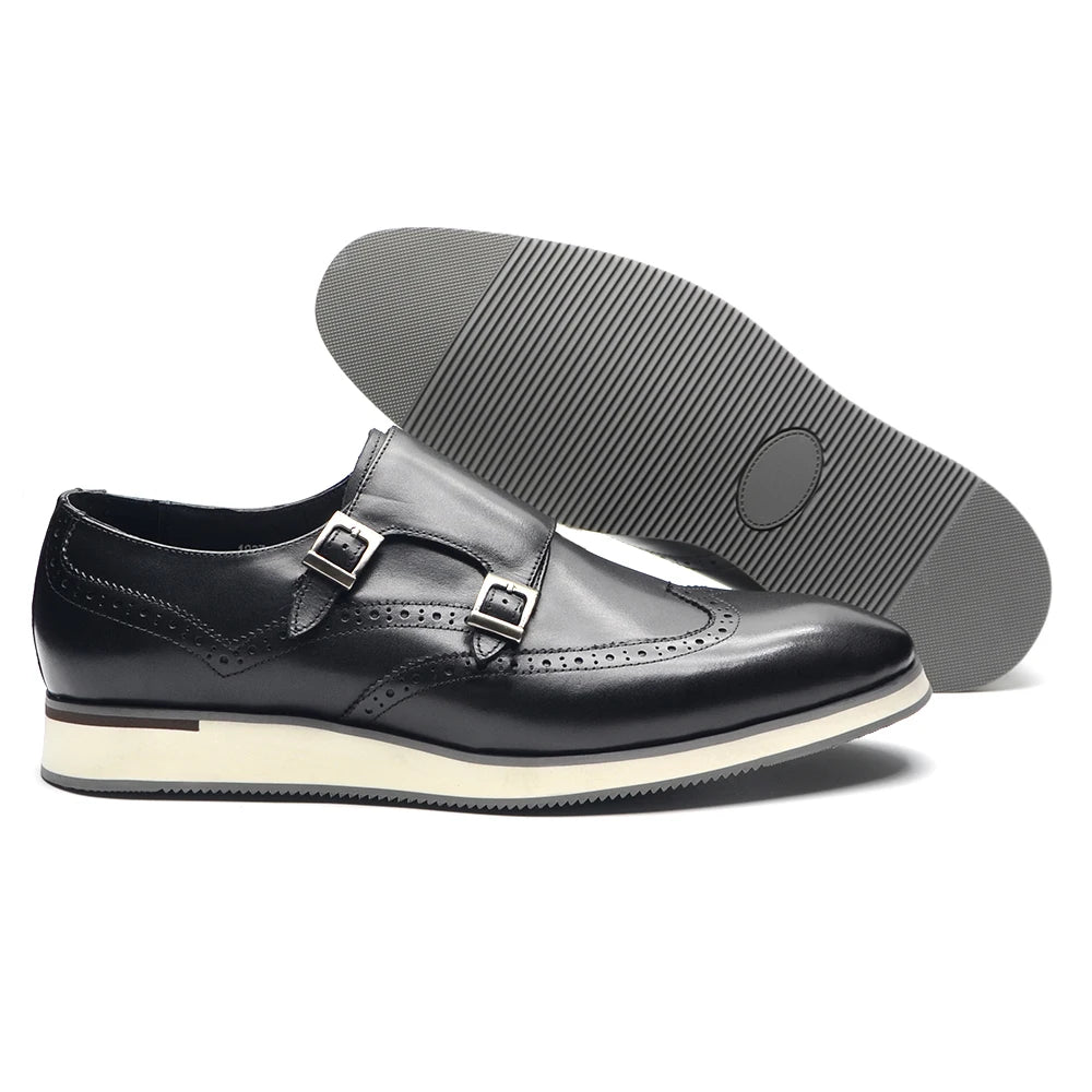 Luxury Men's Double Buckle Monk Strap Flats | Genuine Leather Casual Walk Shoes (Dark Brown, Black) Luxegan