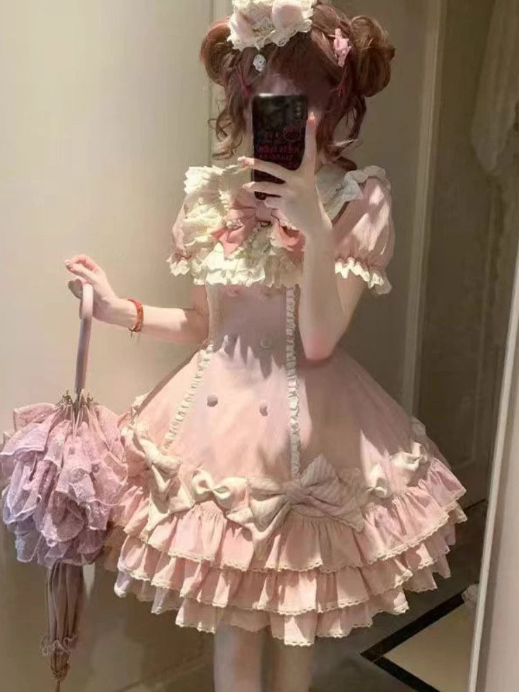 Women's Sweet Pink Lolita Princess Dress | Lovely Y2k Bow Chic Mini Dress | Female Korean Style Slim Fit Outfits | Premium Tatting Short Puff Sleeve Summer A-Line Dress Model Y250113 Luxegan