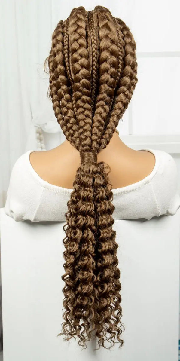 28" Blonde Knotless Cornrow Braids Wig with Curly Ends | Lace Frontal | Baby Hair Luxegan