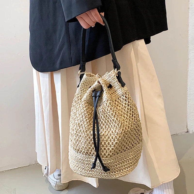 Simple Straw Bucket Bag for Women | Woven Handmade Shoulder Bag & Drawstring Crossbody Bag (Rattan Beach Bag for Girls & Travel Purse) Luxegan