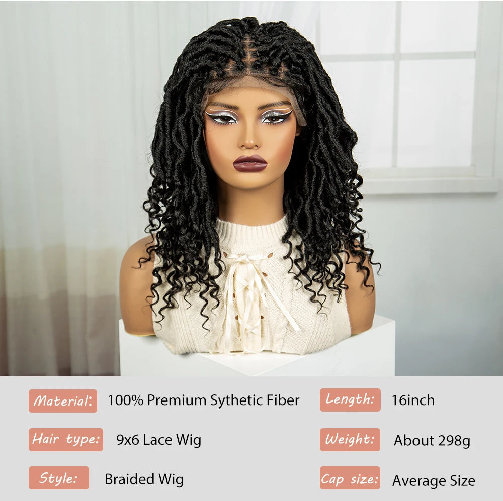 Curly Ends Dreadlock Braided Wig | Synthetic Lace Front Goddess Locs Braid Wig with Baby Hair | Faux Locs Wig for Black Women Luxegan