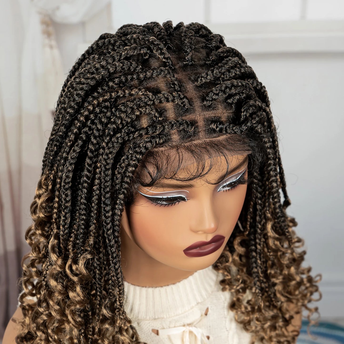 Knotless Box Boho Braided Wig with Curly Ends | Short Bob Style | Full Lace Synthetic Wig for Black Women Luxegan