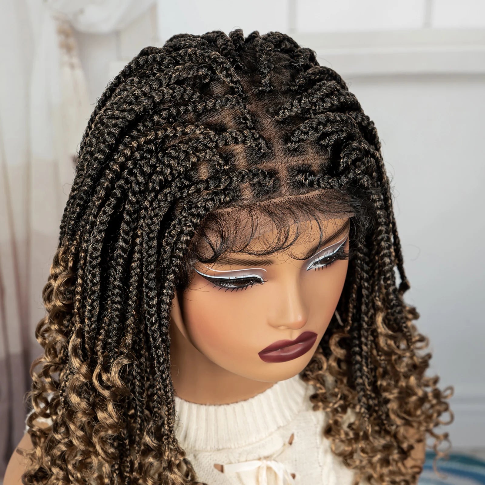 Burgundy Boho Knotless Braids Bob Wig with Curly Ends | Full Lace Luxegan