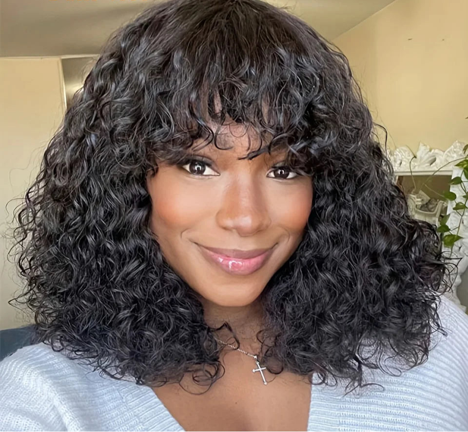 Highlight Honey Blonde Jerry Curly Bob Wig with Bangs | Non-Lace Front Human Hair Luxegan