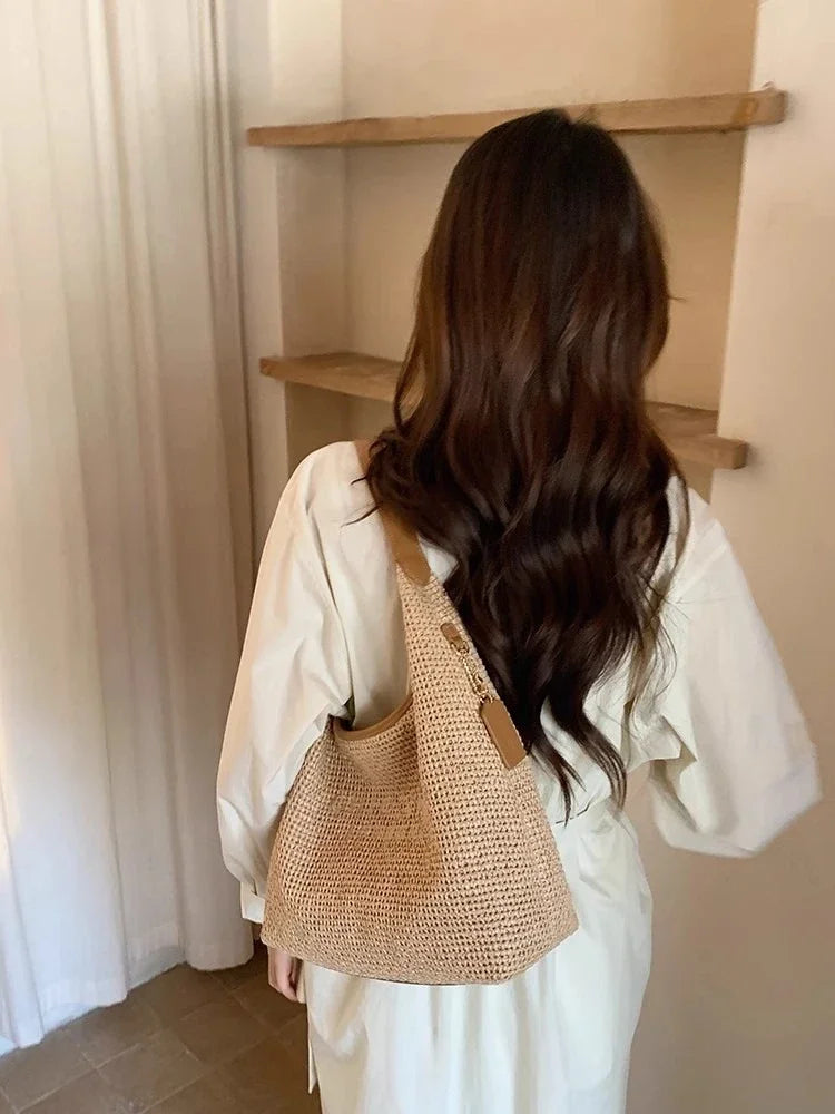 Vintage Straw Summer Beach Tote | Sophisticated High-Capacity Leather-Trimmed Handbag | Elegant Casual Paper-Straw Shoulder Bag | "Dignified" Structured Carryall for Anniversaries & Birthdays Luxegan