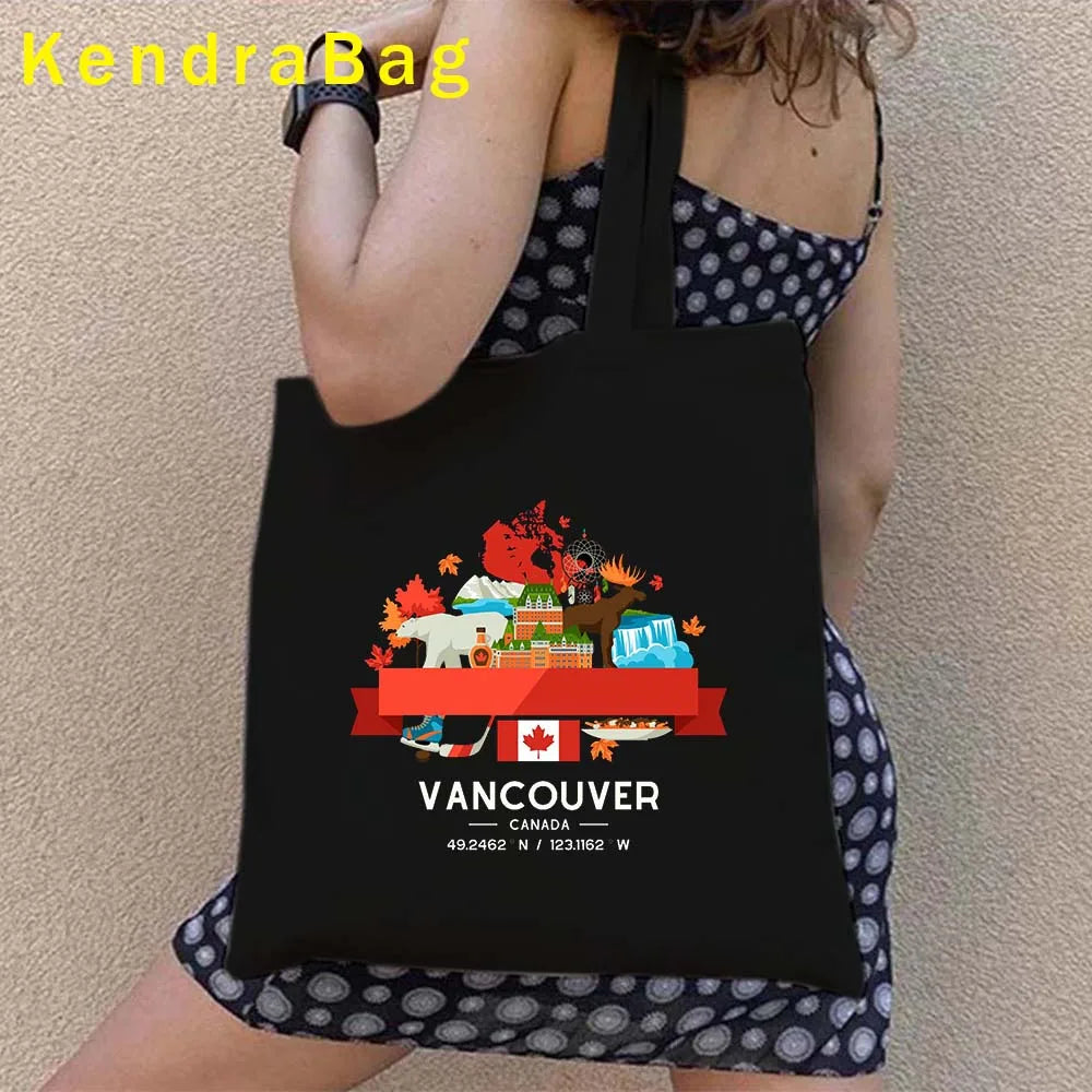 Canadian City Landscape Cotton Canvas Tote Bag | Happy Canada Day Tourist Gift | Reusable Eco-Friendly Shoulder Handbag (Women) Luxegan