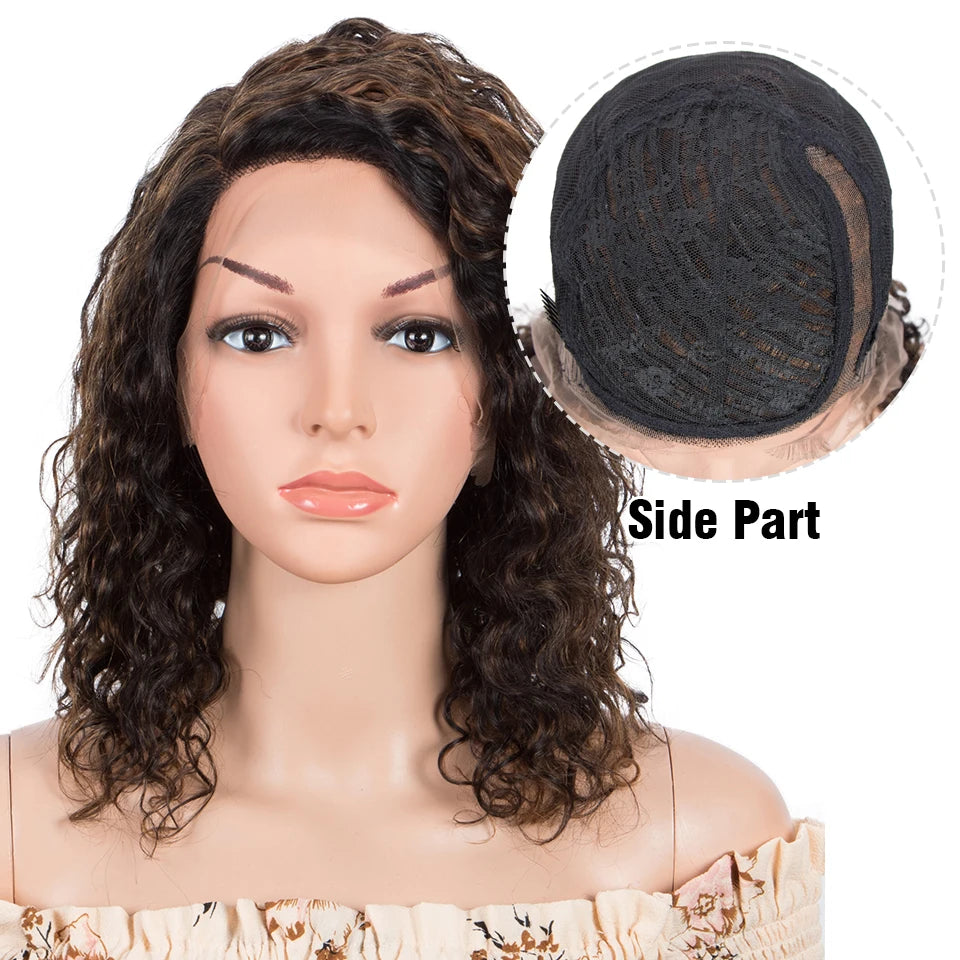 Sleek Curly Human Hair Wig | Brown Highlights | 13x1 T Part Lace Wig | Brazilian Remy Hair | Water Wave