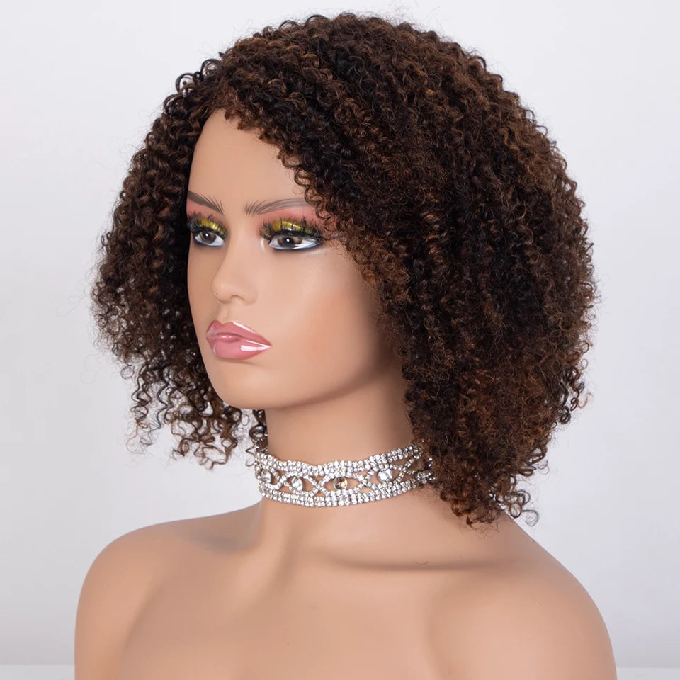 Ombre Highlight Afro Kinky Curly Human Hair Bob Wig | Full Machine Made Peruvian Remy Luxegan